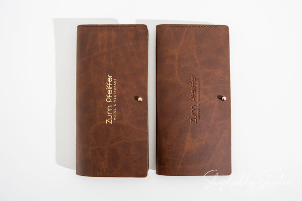Antique Brown Recycled Leather Bill Holder With Button Stud for restaurant