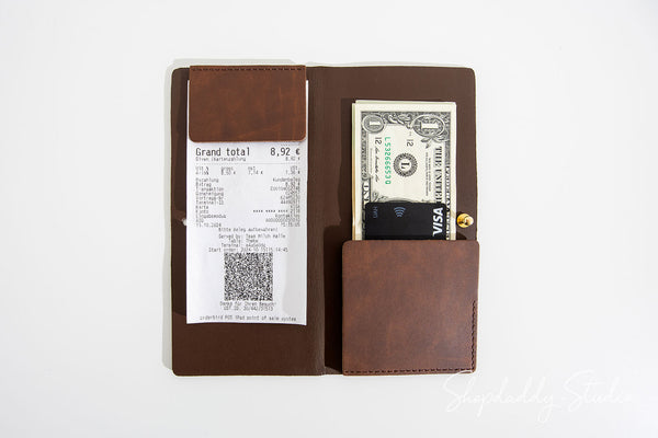 Antique Brown Recycled Leather Check Holder With Button Stud for restaurant