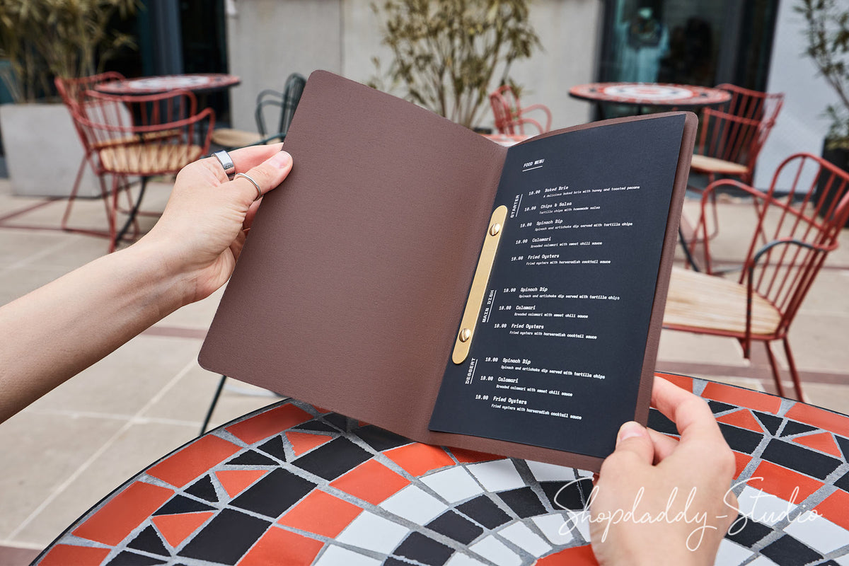 Antique Brown Recycled Leather Menu Cover with Brass Plank for Restaurants
