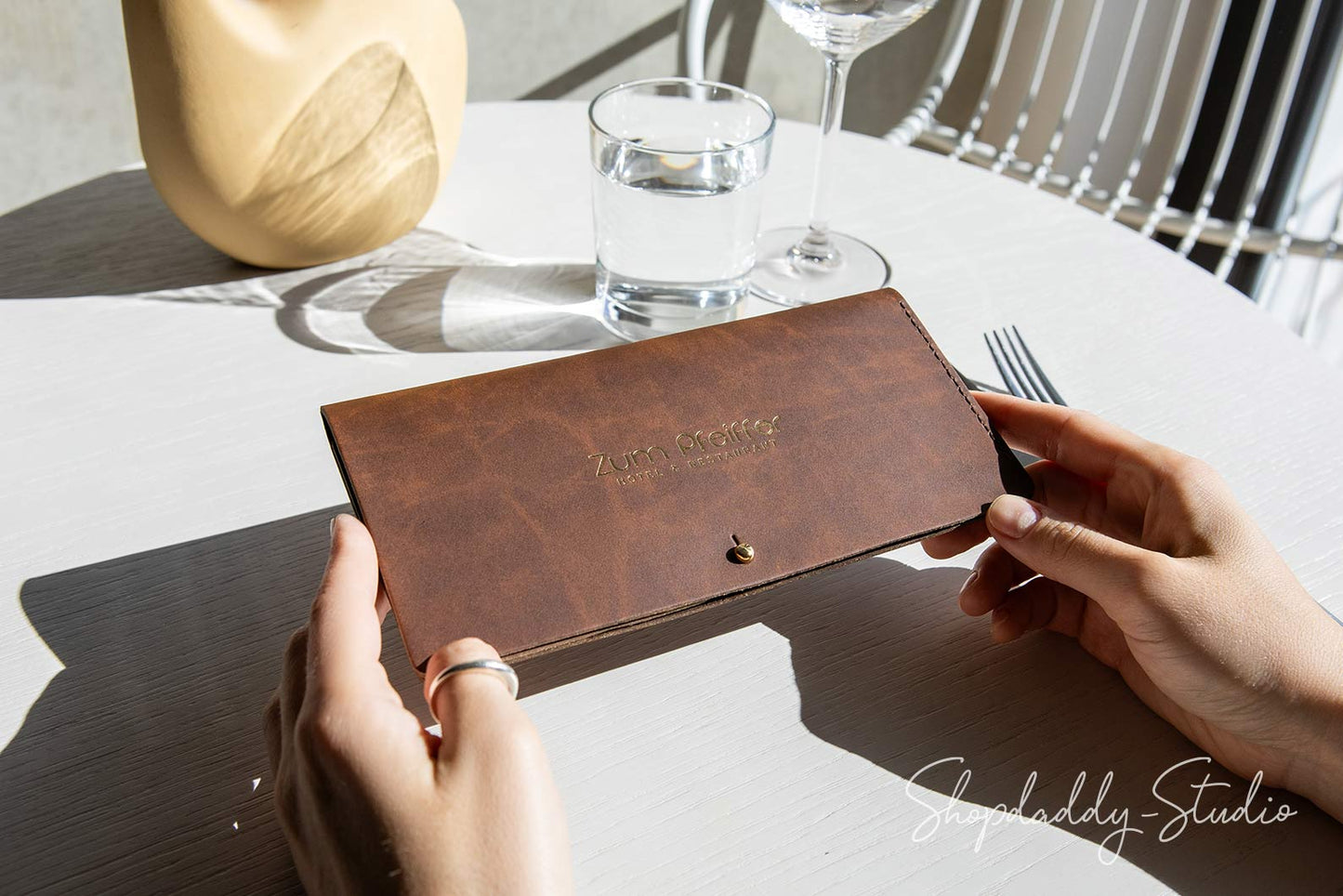 Antique Brown Recycled Leather Server Booklet With Button Stud for waiters