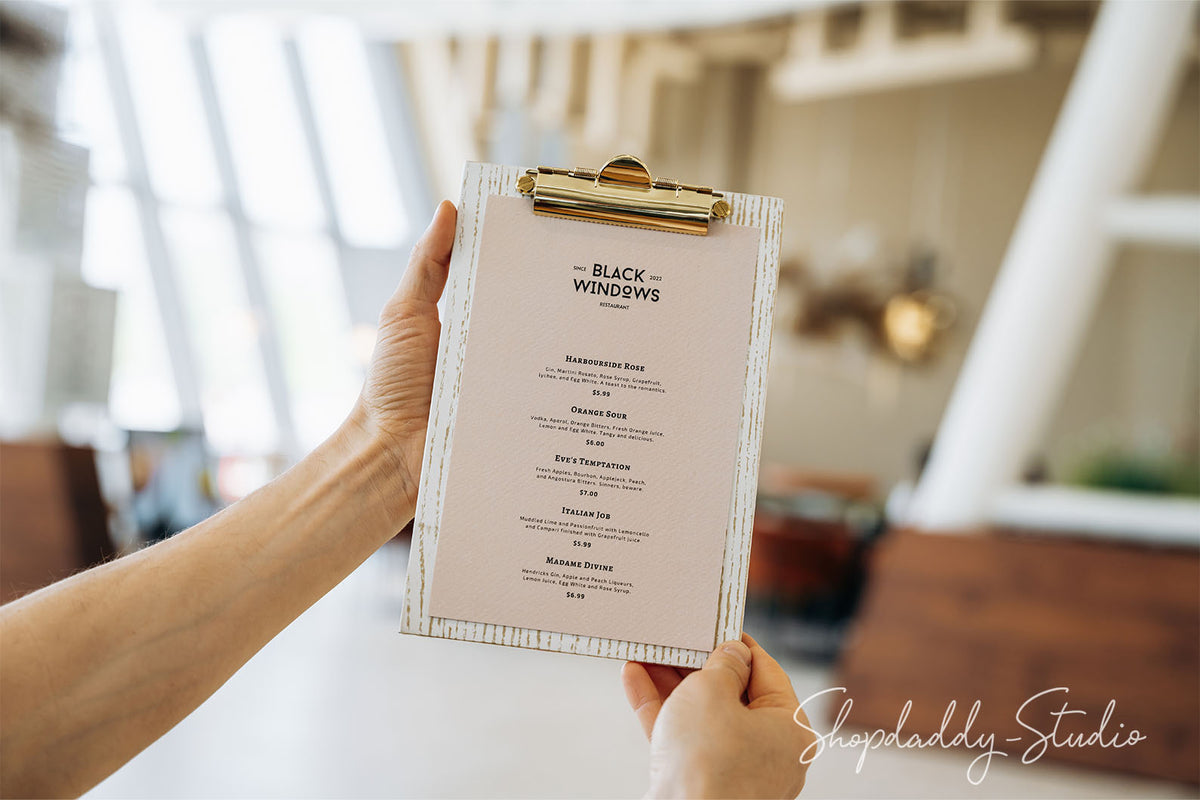 Ashwood Boho White Angled Menu Holder With Golden Clip for cafe