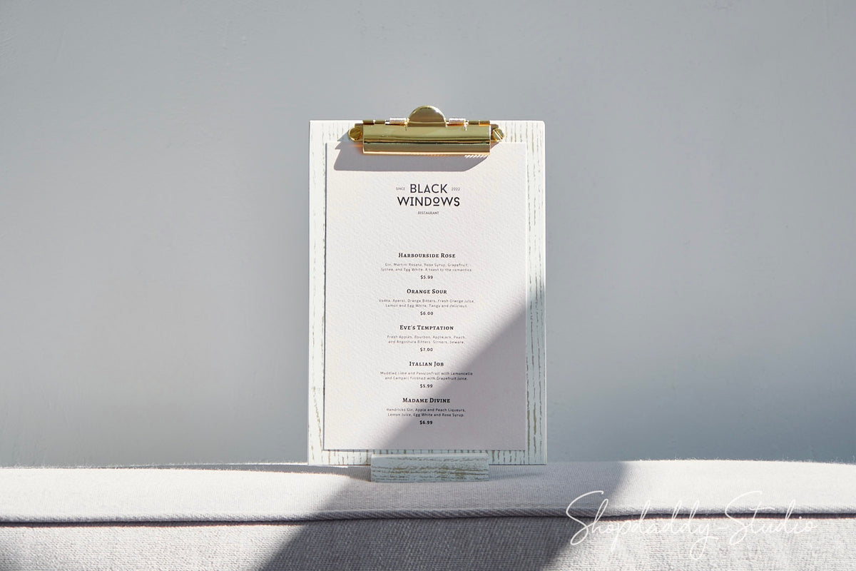 Ashwood Boho White Angled Sign Holder With Golden Clip for bar