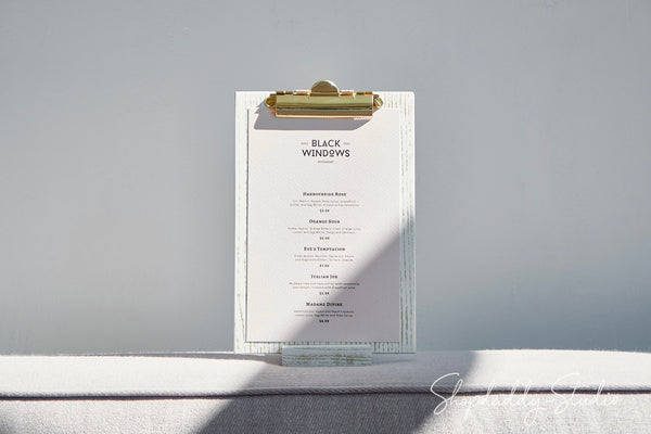 Ashwood Boho White Angled Sign Holder With Golden Clip for bar