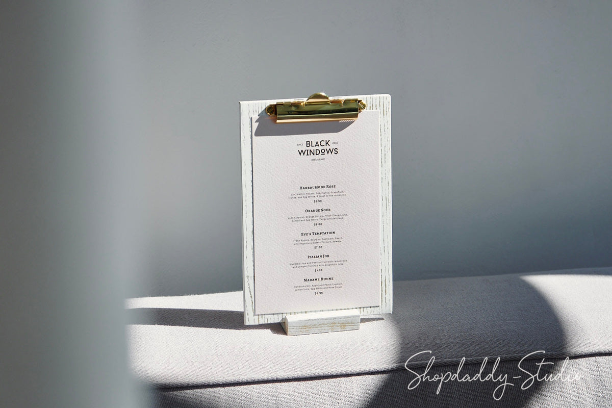 Ashwood Boho White Angled Sign Holder With Golden Clip for reception