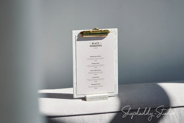 Ashwood Boho White Angled Sign Holder With Golden Clip for reception