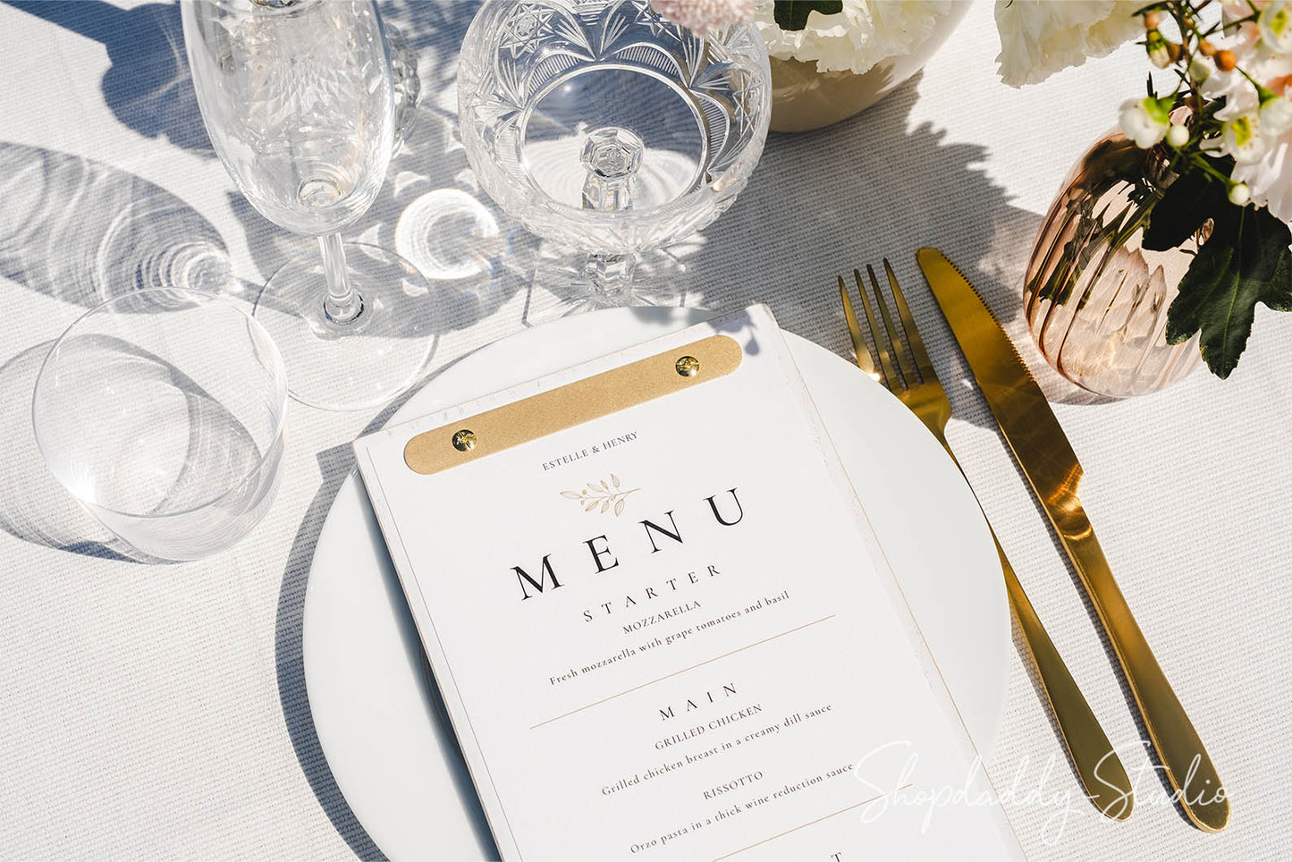 Ashwood Boho White Menu Holder With Rounded Brass Plank