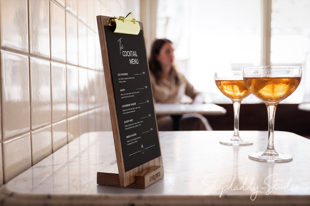 Ashwood Walnut Angled Table Stand with Golden Clip for Cafes and Bars
