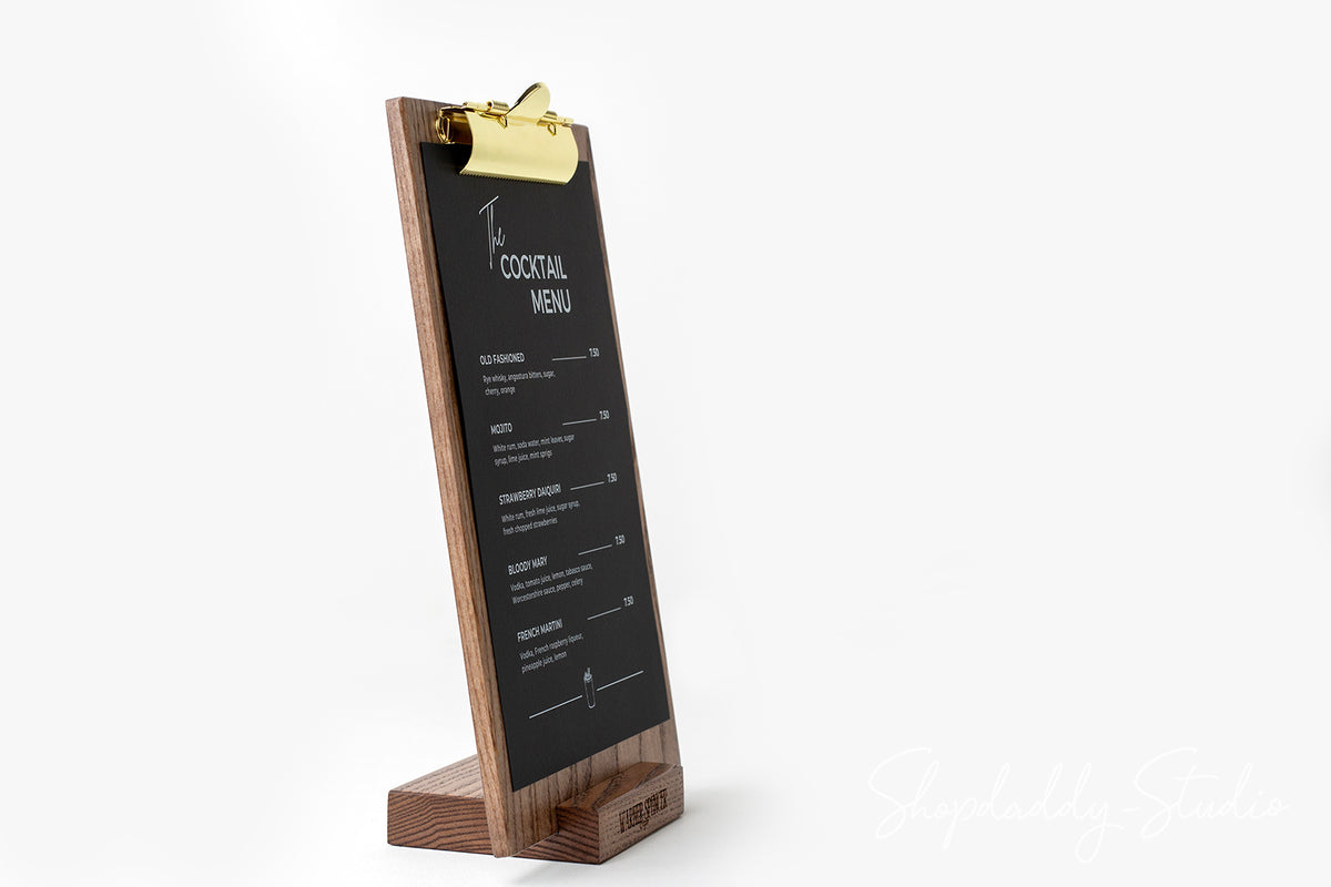 Ashwood Walnut Angled Table Stand with Golden Clip for Menu Display