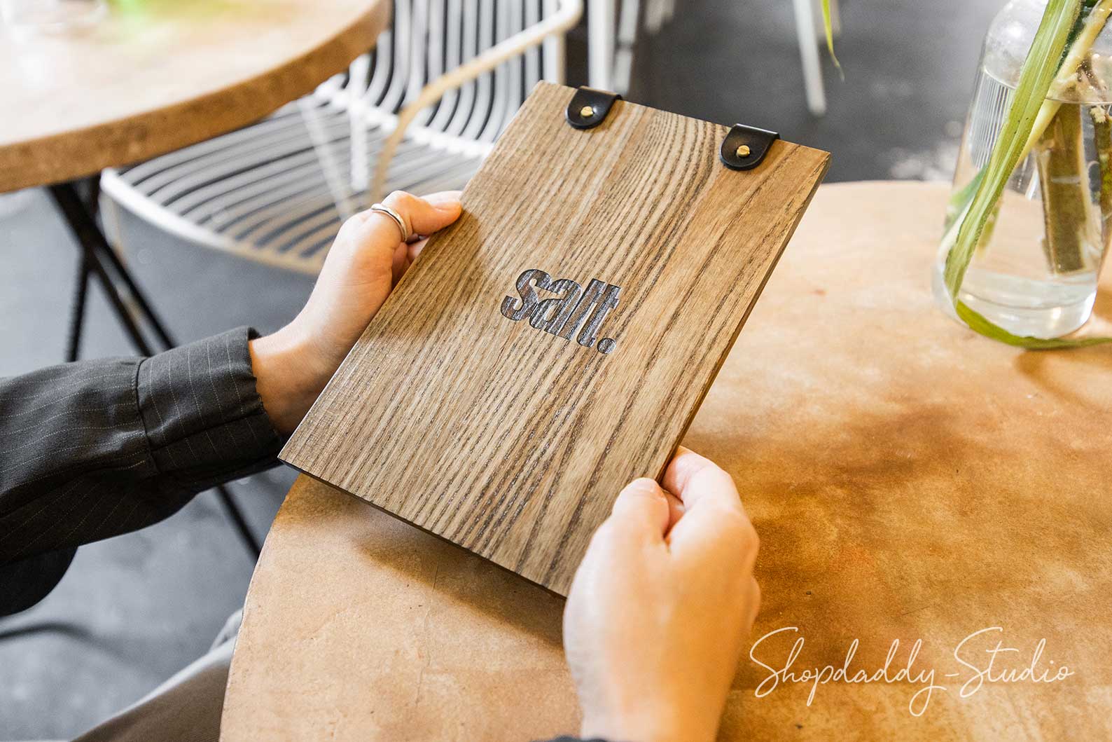 Custom Ashwood Walnut Menu Holder with Two Leather Clasps