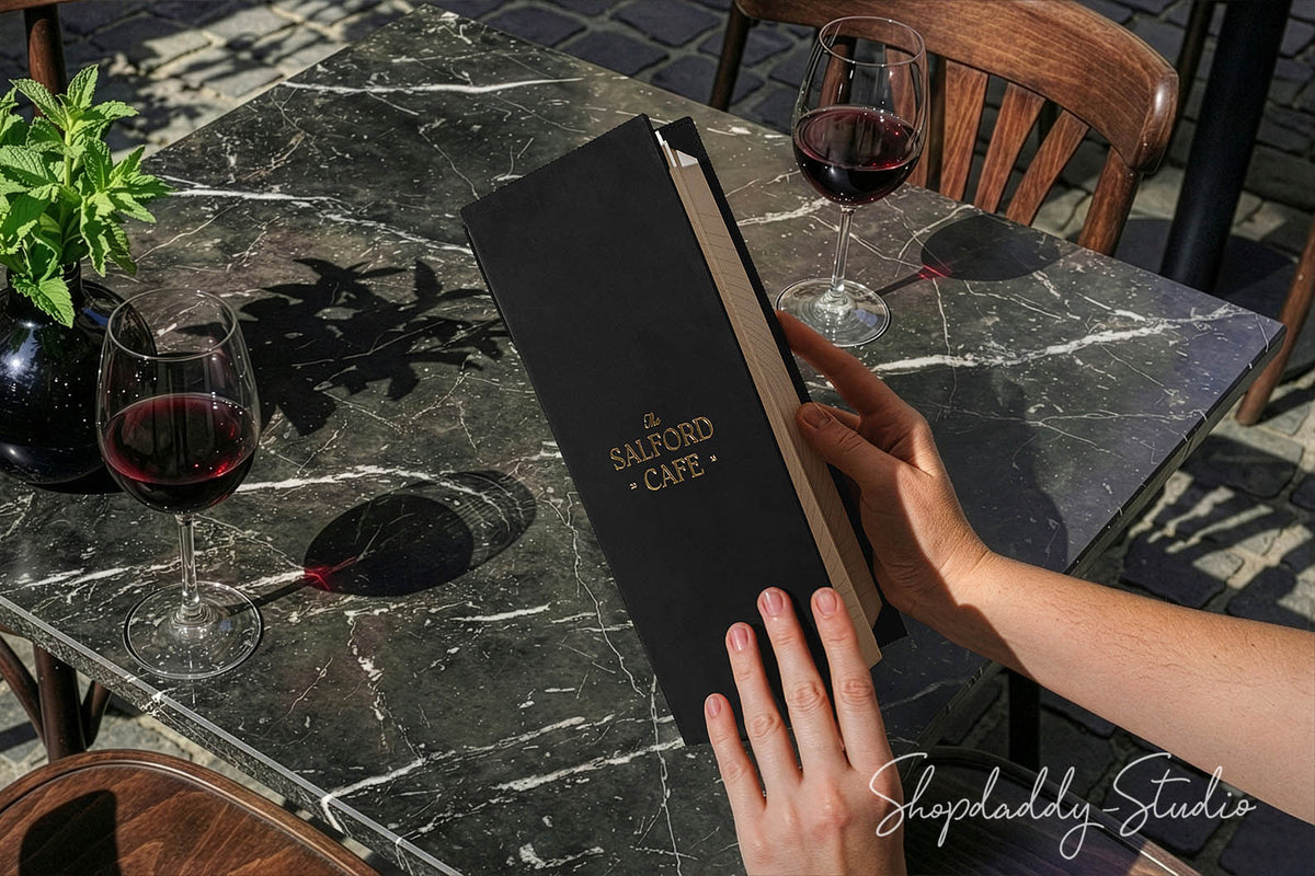 Black Double Leather Menu Cover with Corners for Cafes and Bars