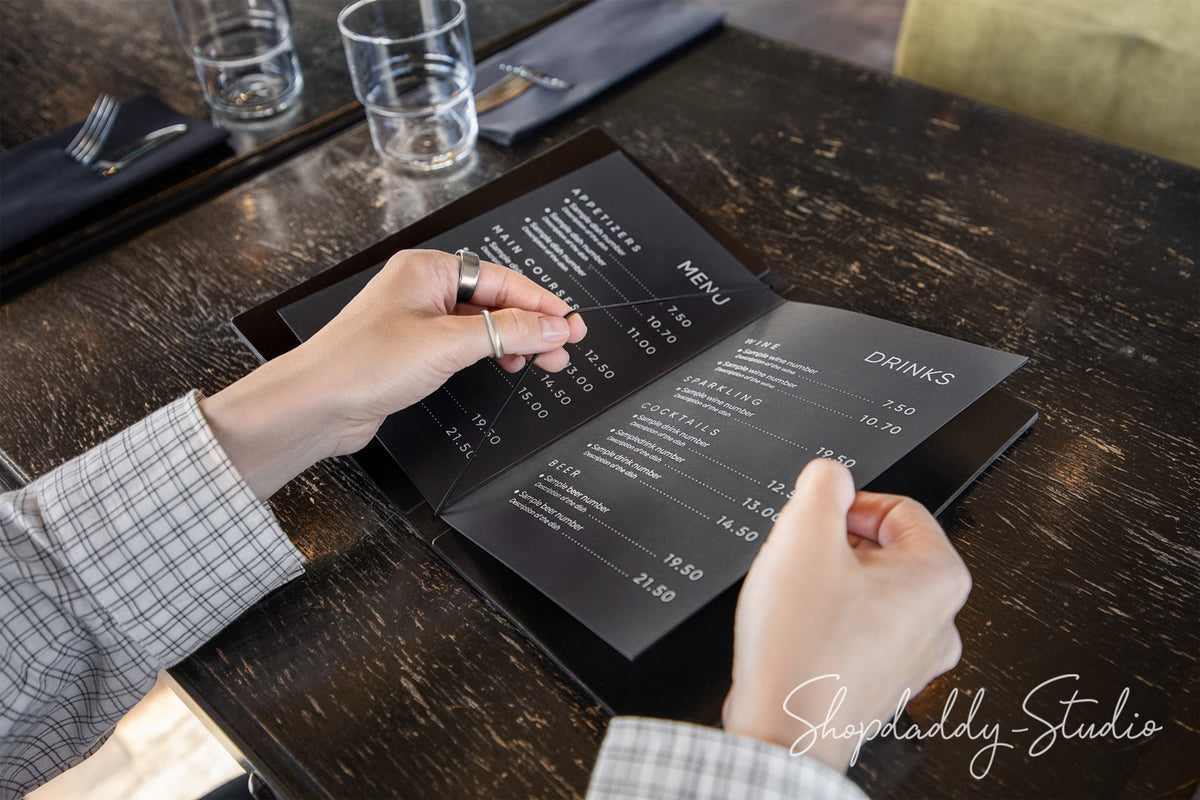 Black Double Thick Leather Menu Cover with Elastic Band for Cafes and Bars