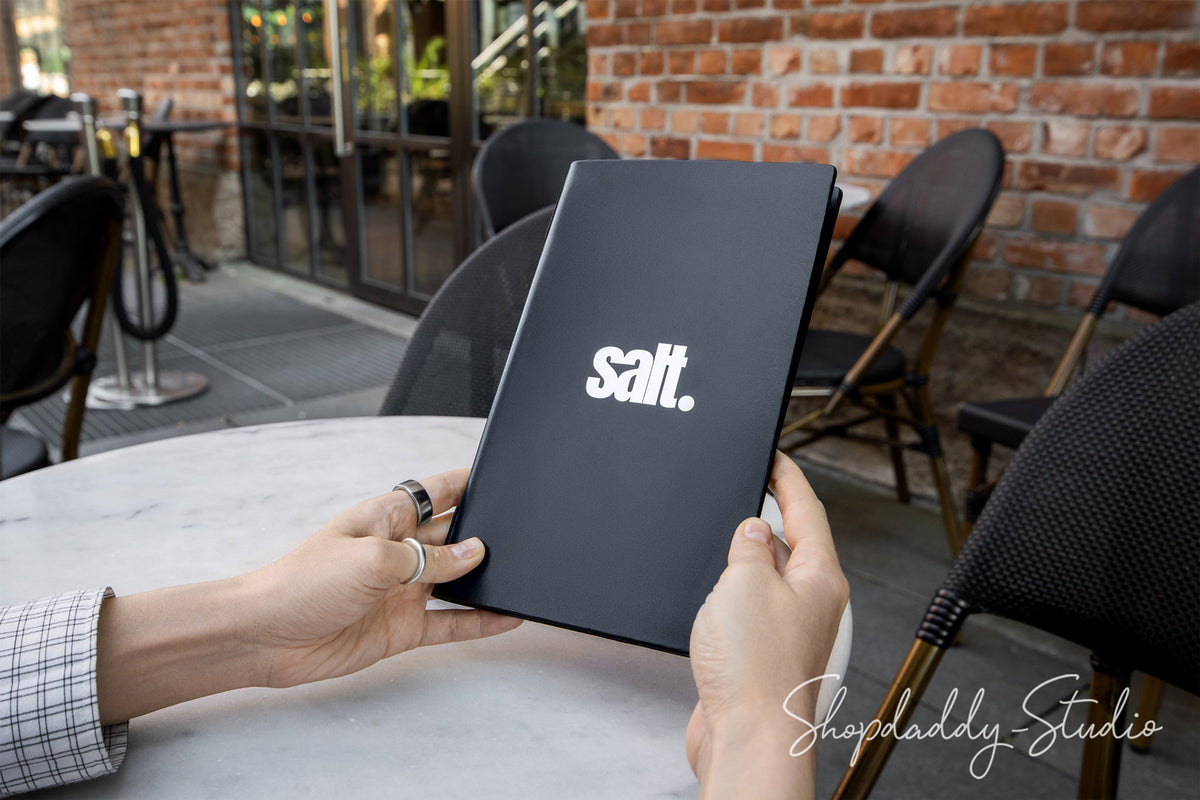 Black Double Thick Leather Menu Cover with Elastic Band for Coffee Shops