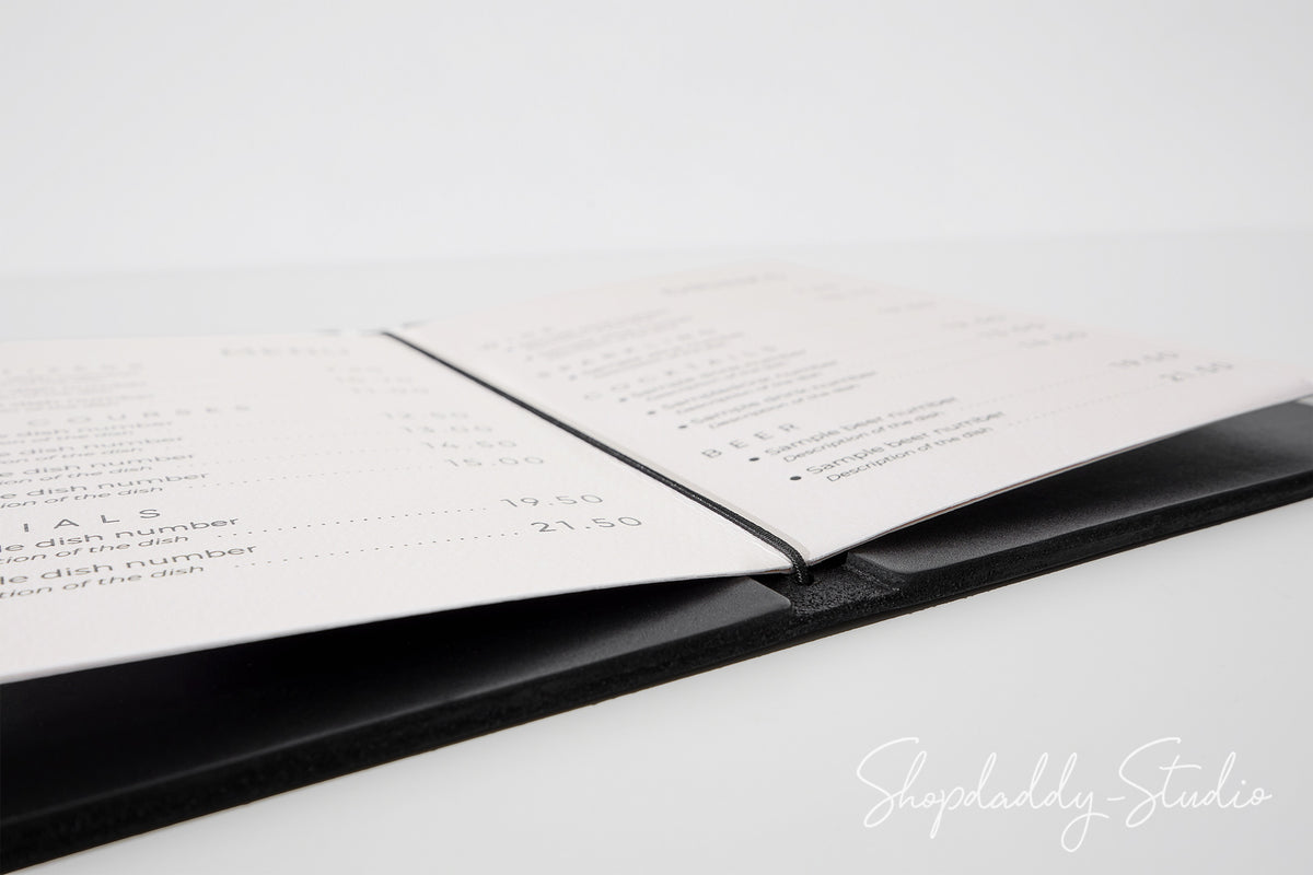 Black Double Thick Leather Menu Cover with Elastic Band for Folded Paper Menus