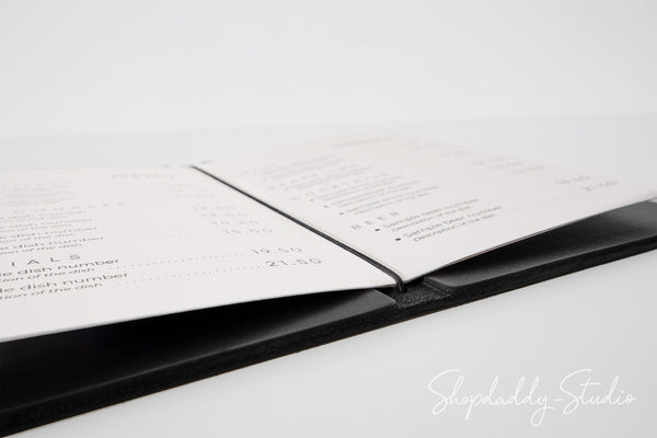 Black Double Thick Leather Menu Cover with Elastic Band for Folded Paper Menus