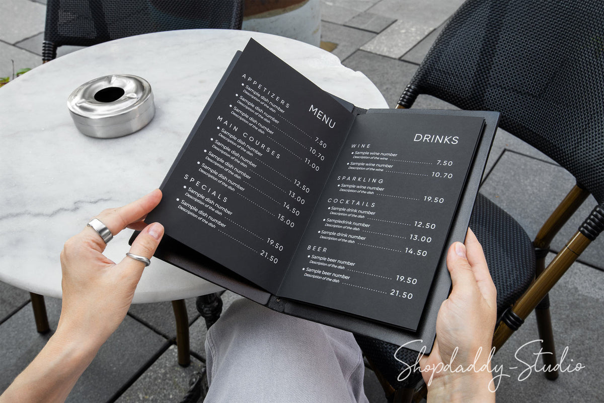 Black Double Thick Leather Menu Cover with Elastic Band for Hospitality
