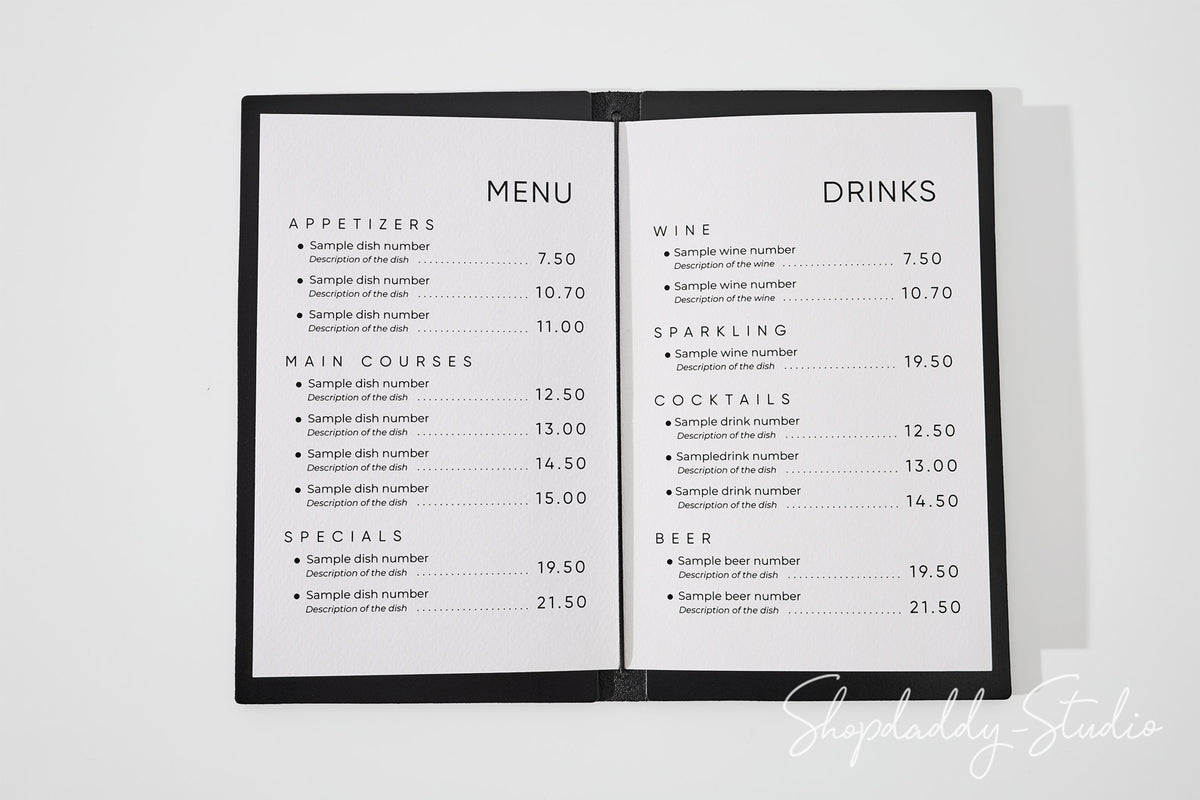 Black Double Thick Leather Menu Cover with Elastic Band for Menu Presentation