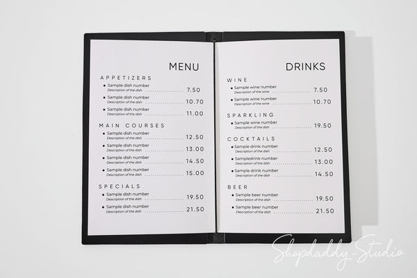 Black Double Thick Leather Menu Cover with Elastic Band for Menu Presentation