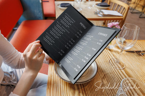 Black Double Thick Leather Menu Cover with Elastic Band for Restaurants
