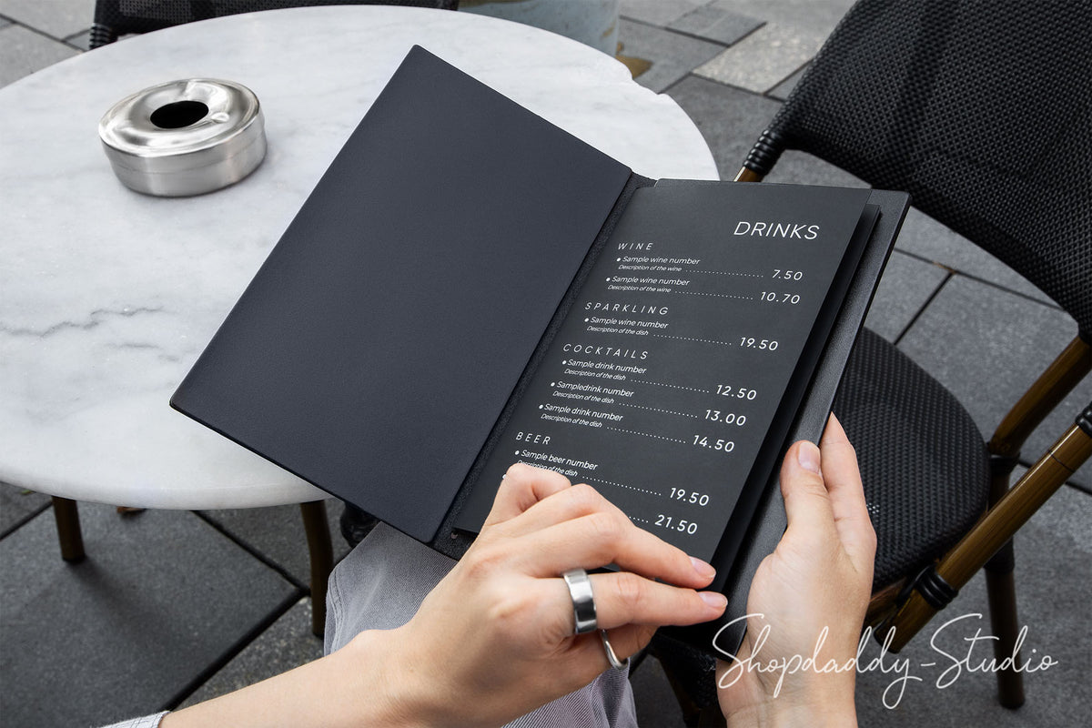 Black Double Thick Leather Menu Cover with Elastic Band for Wine Lists