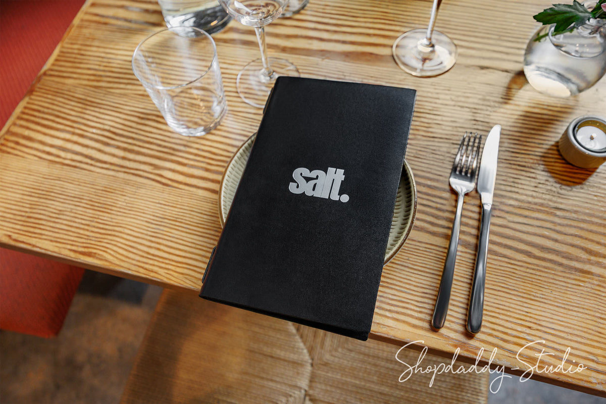 Black Double Thick Leather Menu Cover with Elastic Band with Custom Logo
