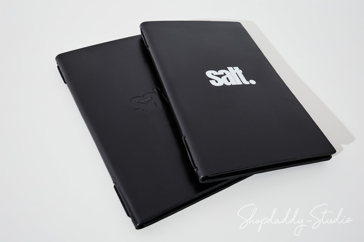 Black Double Thick Leather Menu Cover with Elastic Band with Debossed Logo