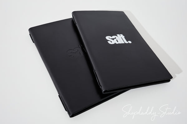 Black Double Thick Leather Menu Cover with Elastic Band with Debossed Logo