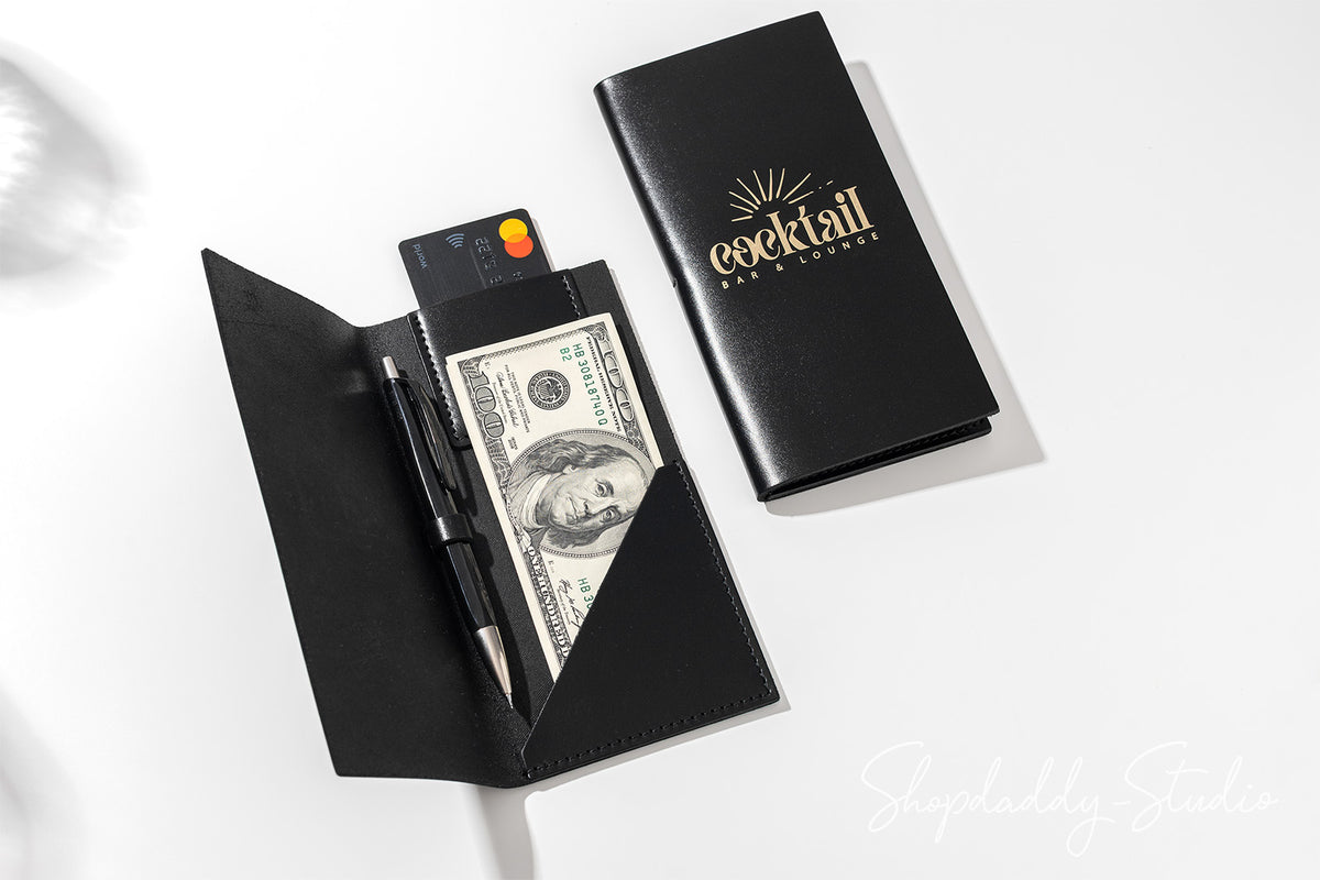 Black Italian Leather Check Presenter With Card Pocket for Bill Presentation