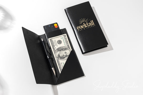 Black Italian Leather Check Presenter With Card Pocket for Bill Presentation