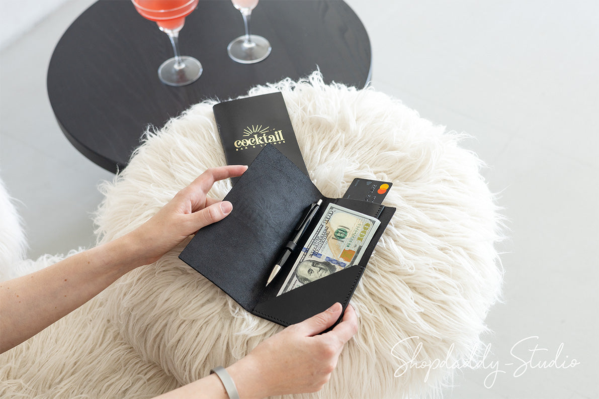 Black Italian Leather Check Presenter With Card Pocket for Restaurants