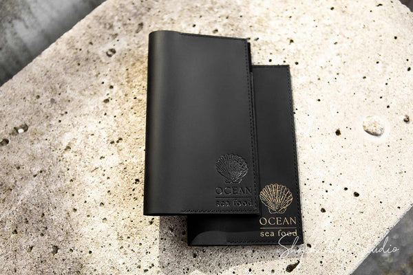 Black Leather Check Holder with Two Pockets
