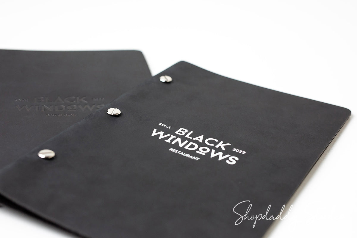 Black Leather Menu Cover with Brass Bolts for Hotels