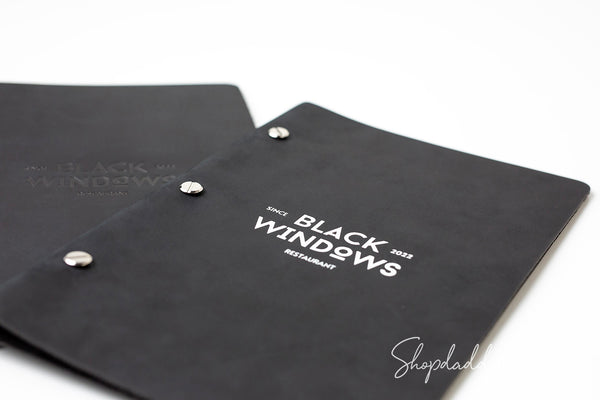 Black Leather Menu Cover with Brass Bolts for Hotels