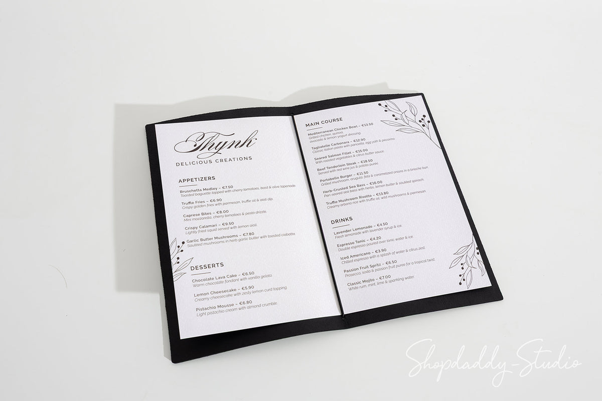 Black Leather Menu Cover with Perforated Pattern for Menu Presentation
