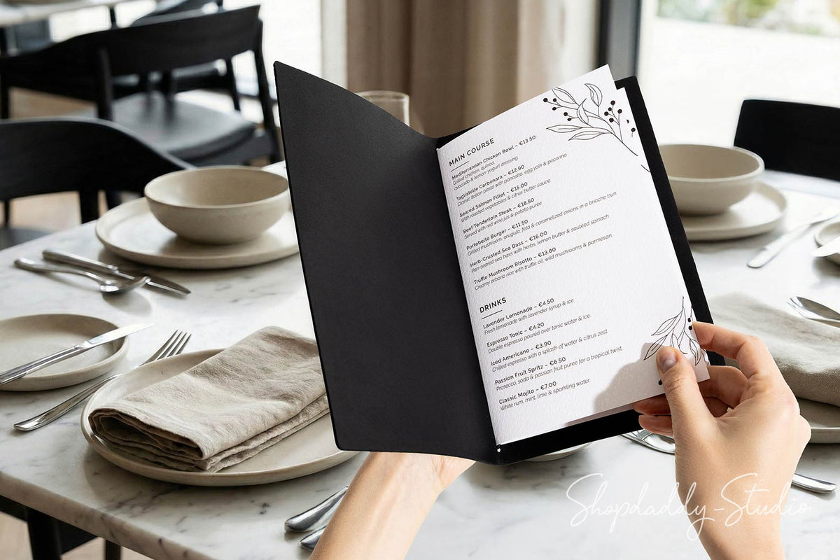 Black Leather Menu Cover with Perforated Pattern for Restaurants