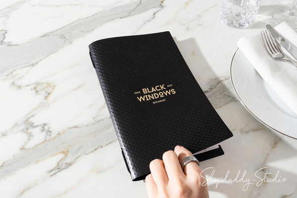 Black Leather Menu Cover with Perforated Pattern with Custom Logo