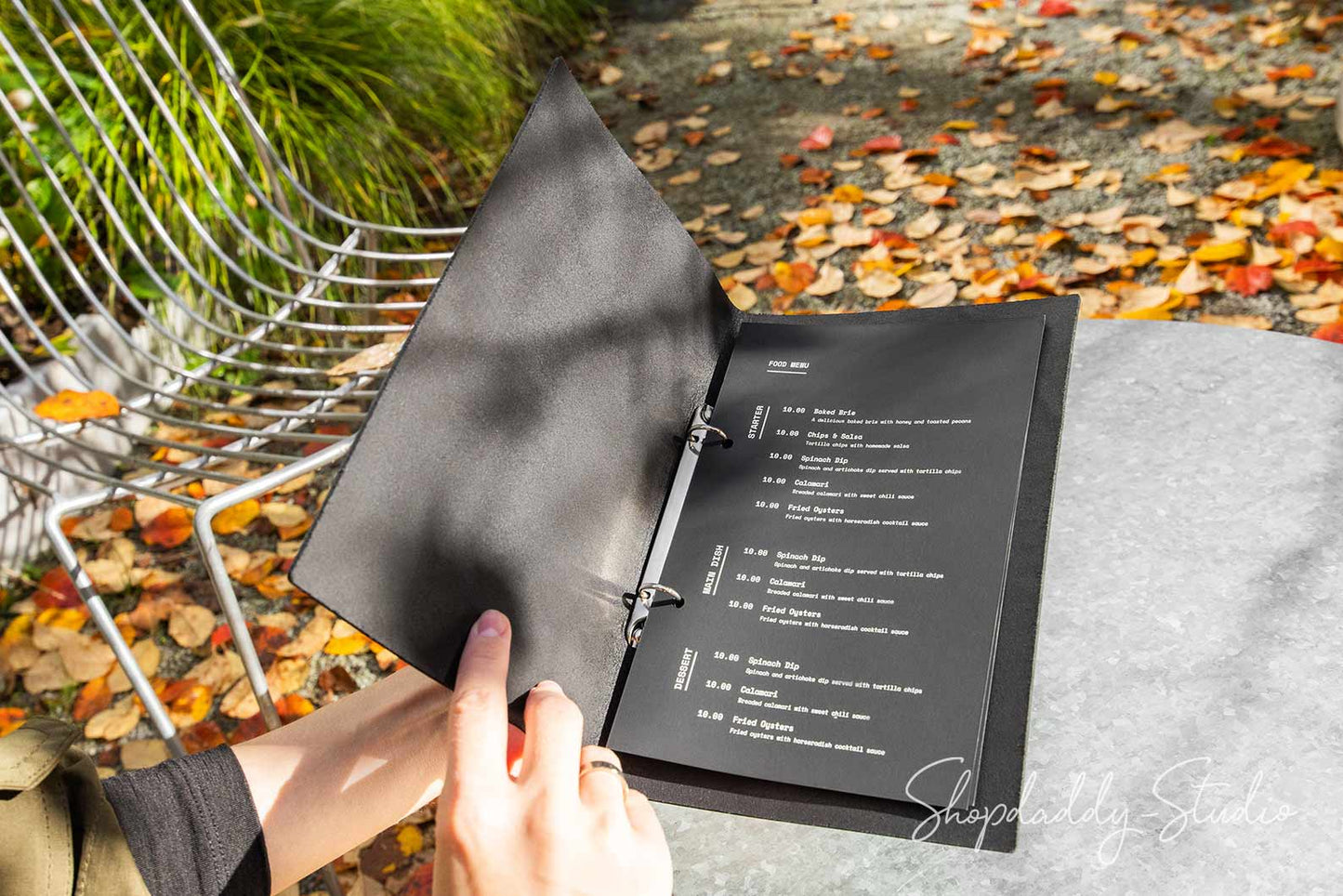 Black Leather Menu Cover with Rings Mechanism for Cafe