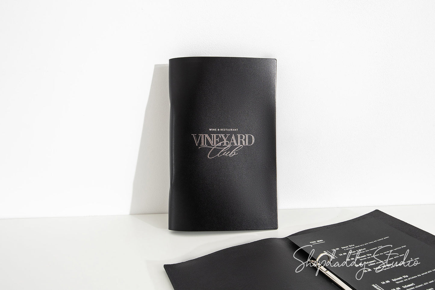 Black Leather Menu Cover with Rings Mechanism in details