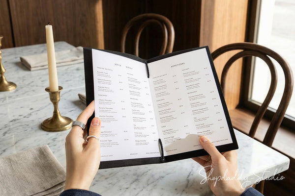 Black Leather Menu Folder with Leather Lace for Cafes and Bars