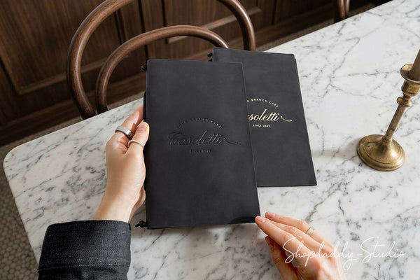 Black Leather Menu Folder with Leather Lace for Hospitality