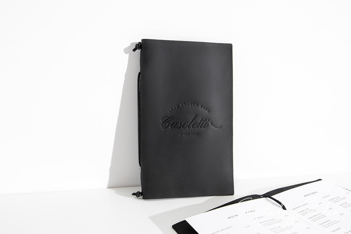 Black Leather Menu Folder with Leather Lace for Hotels
