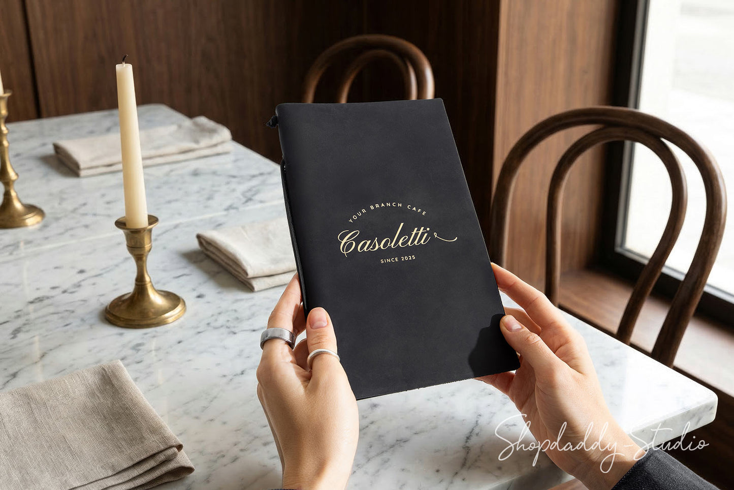Black Leather Menu Folder with Leather Lace for Restaurants