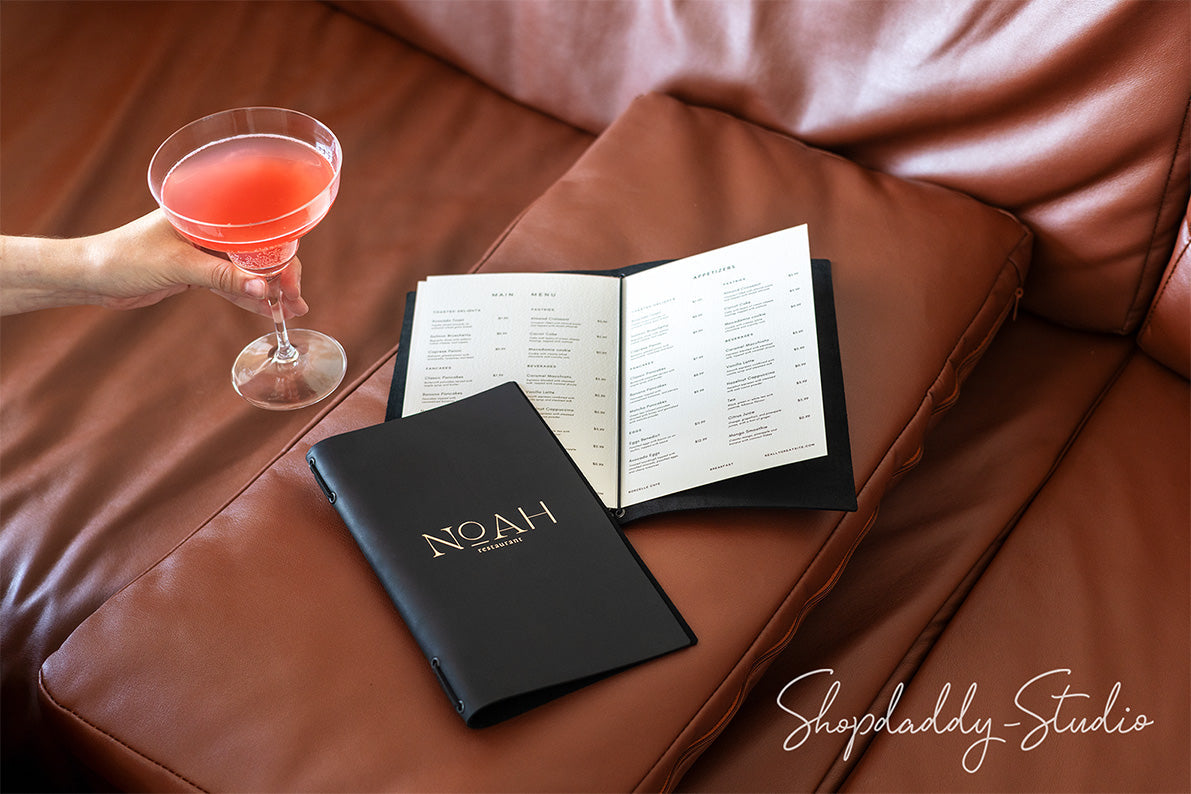 Black Leather Menu Folder with Two Elastic Bands for Bars