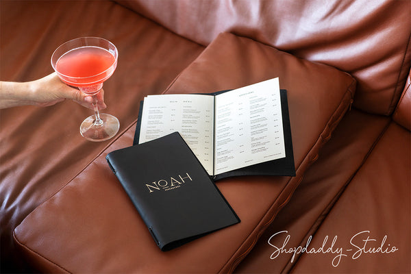 Black Leather Menu Folder with Two Elastic Bands for Bars