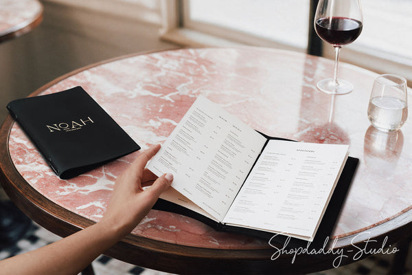 Black Leather Menu Folder with Two Elastic Bands for Cafes