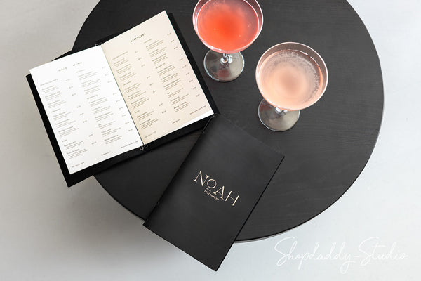 Black Leather Menu Folder with Two Elastic Bands for Cocktail Bars