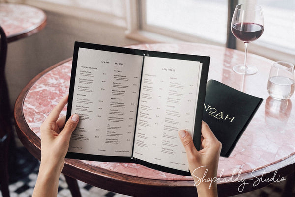 Black Leather Menu Folder with Two Elastic Bands for Coffee Shops