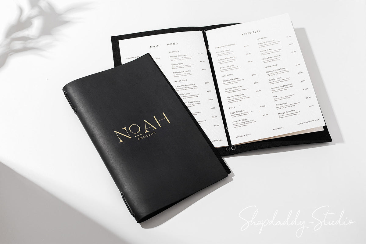 Black Leather Menu Folder with Two Elastic Bands for Hospitality