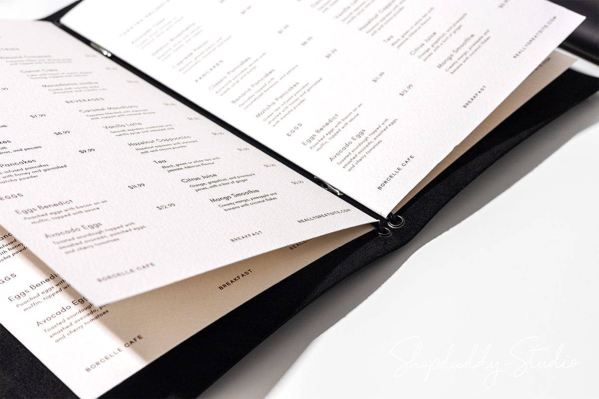 Black Leather Menu Folder with Two Elastic Bands for Menu Inserts