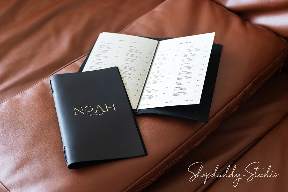 Black Leather Menu Folder with Two Elastic Bands for Restaurants