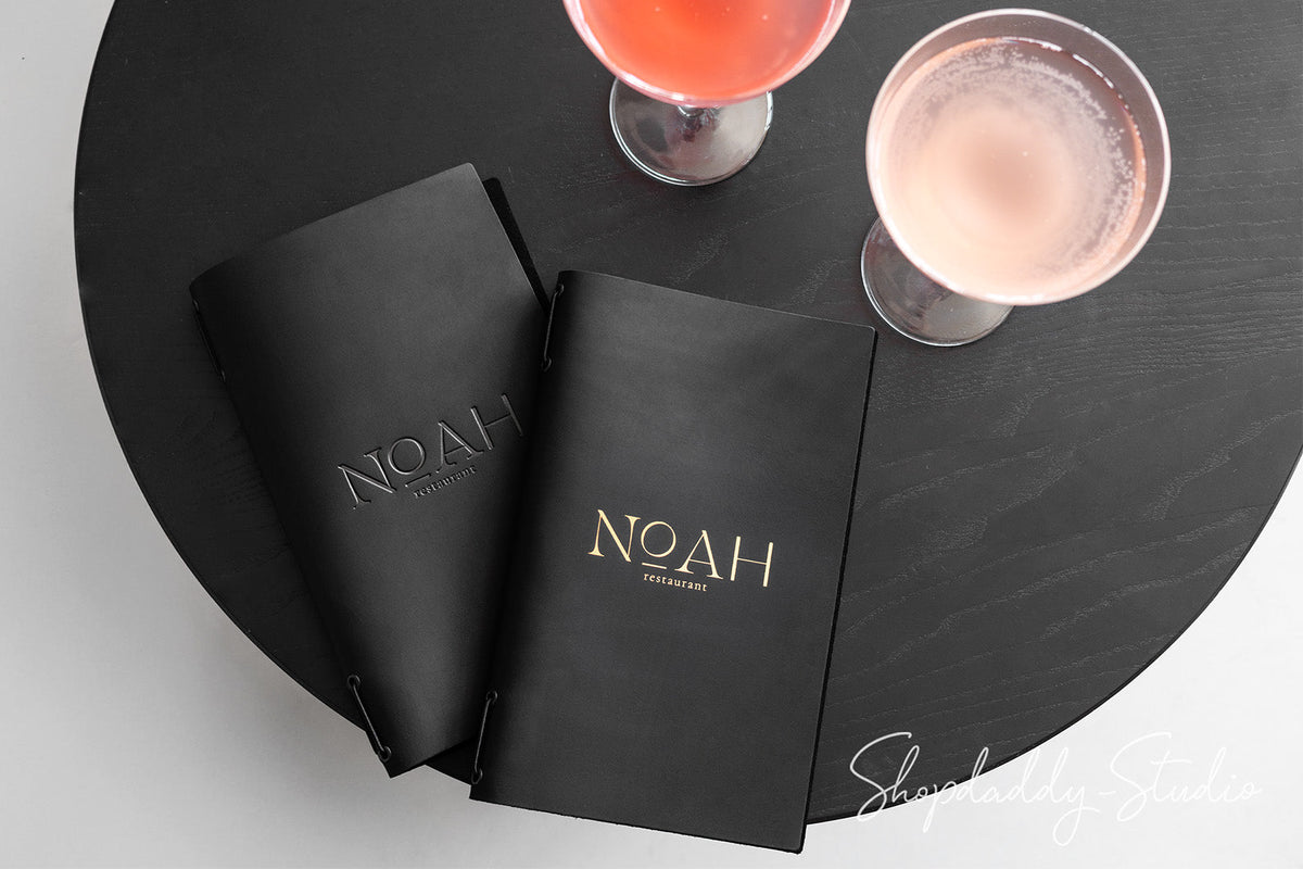 Black Leather Menu Folder with Two Elastic Bands with Gold Foil Logo